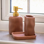 3 Piece Brown Ripple Stoneware Bathroom Accessories Set