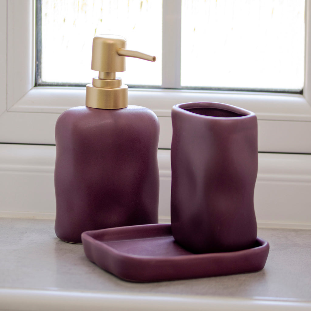 3 Piece Purple Ripple Stoneware Bathroom Accessories Set