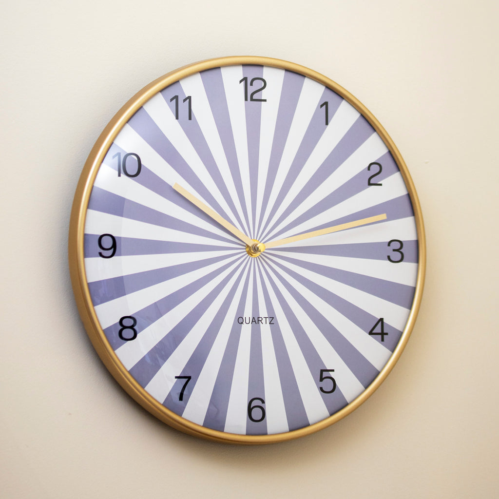Blue Sunburst Round Wall Clock With Gold Frame
