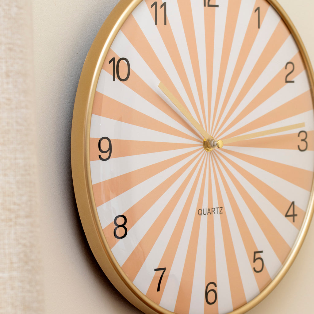 Orange Sunburst Round Wall Clock With Gold Frame