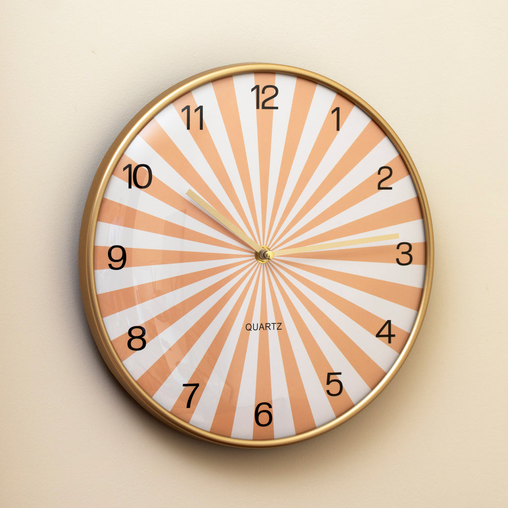 Orange Sunburst Round Wall Clock With Gold Frame