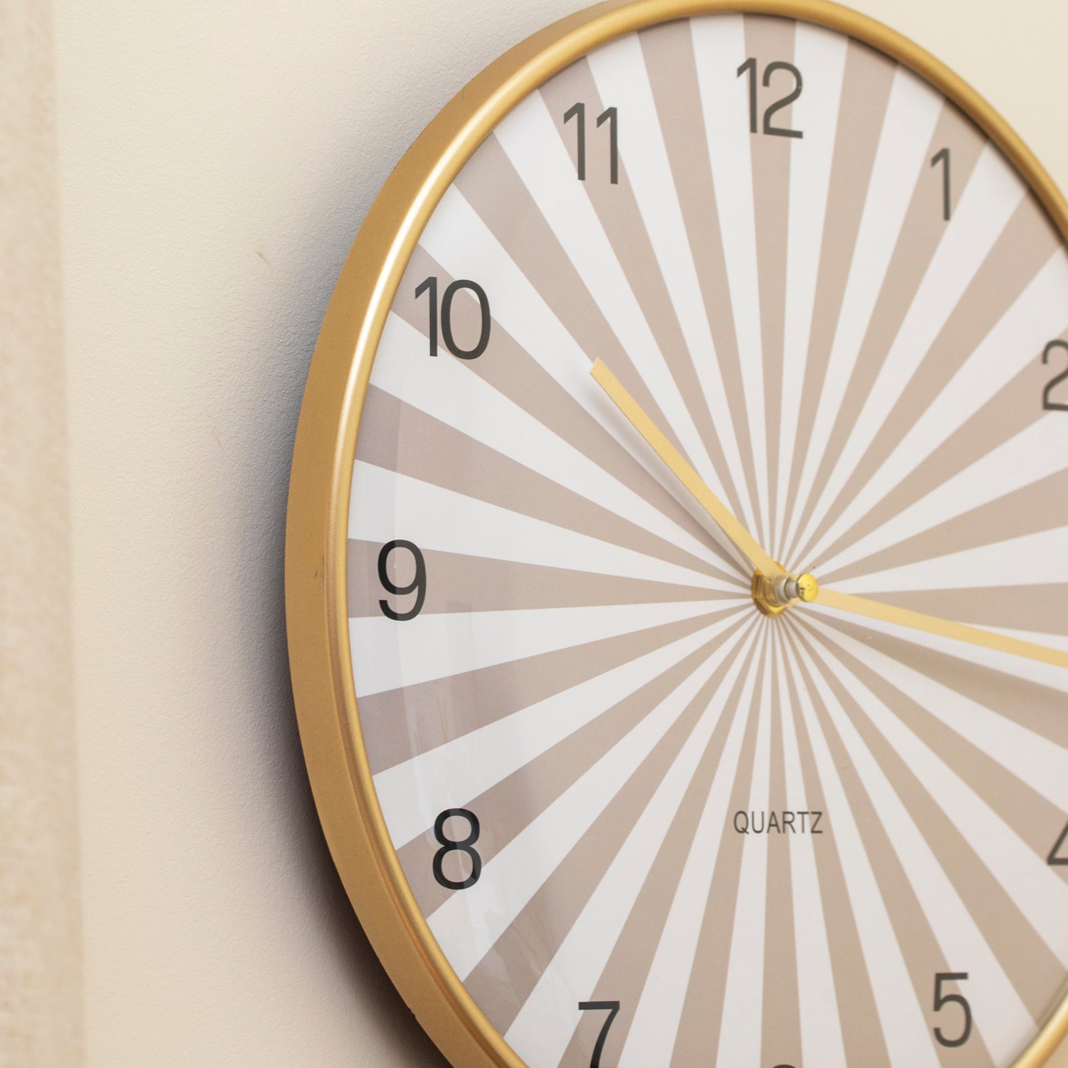 Beige Sunburst Round Wall Clock With Gold Frame