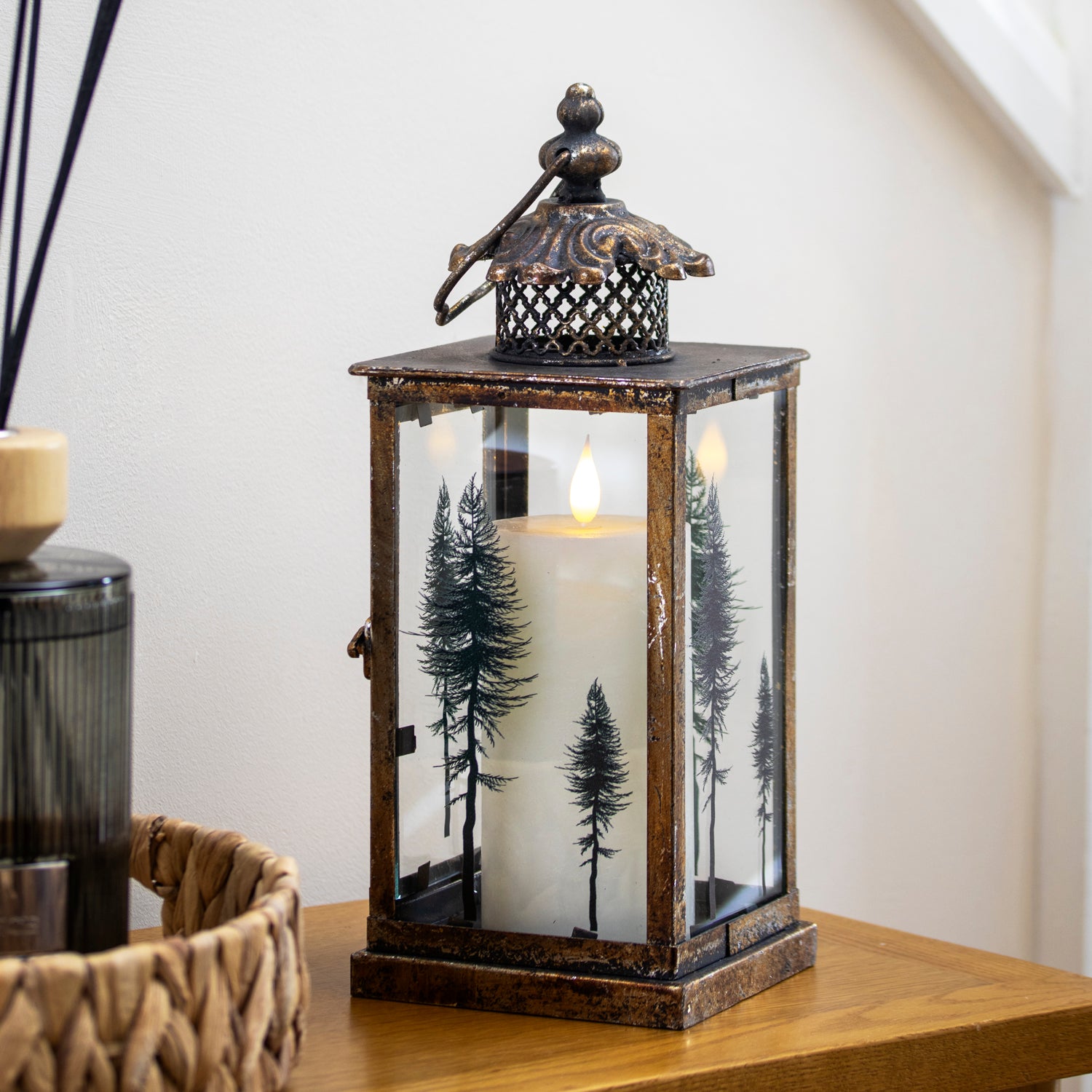Large Antique Gold Tree Glass Candle Lantern