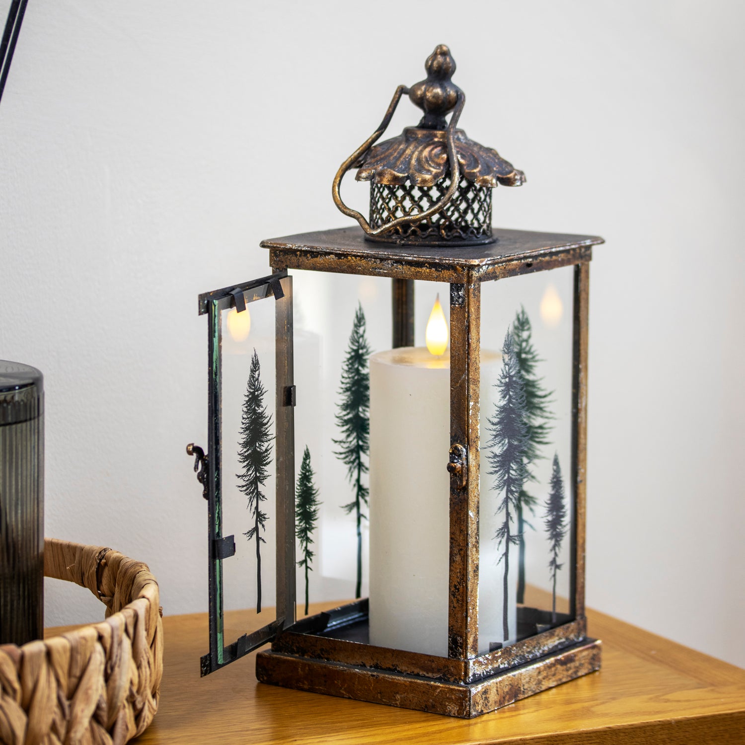 Set Of 2 Antique Gold Tree Glass Candle Lanterns