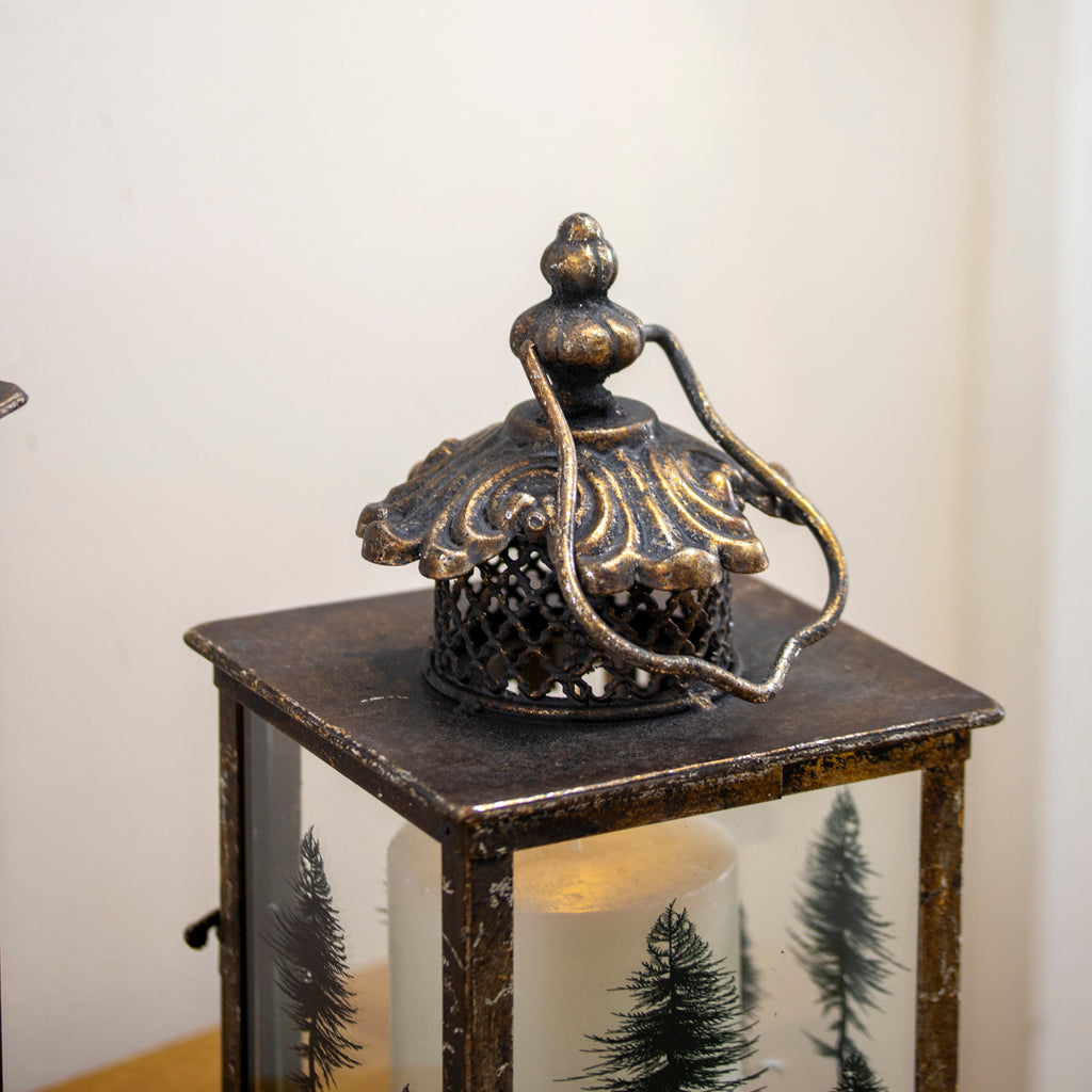 Set Of 2 Antique Gold Tree Glass Candle Lanterns