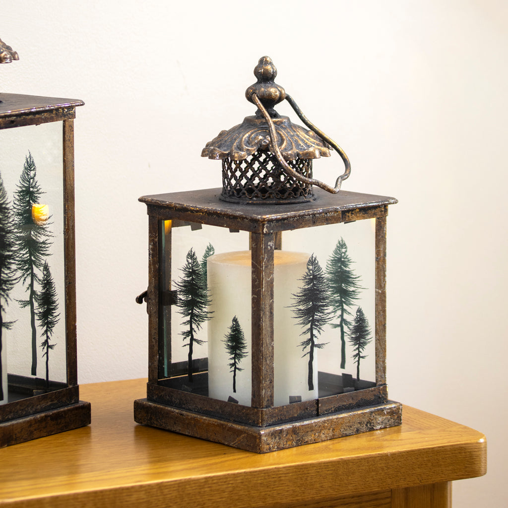 Set Of 2 Antique Gold Tree Glass Candle Lanterns