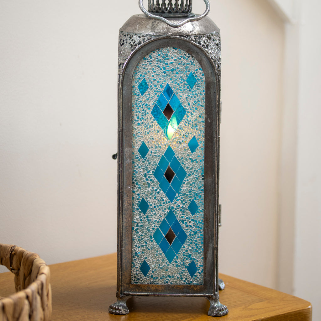Silver Moroccan Diamond Mosaic Candle Lantern
