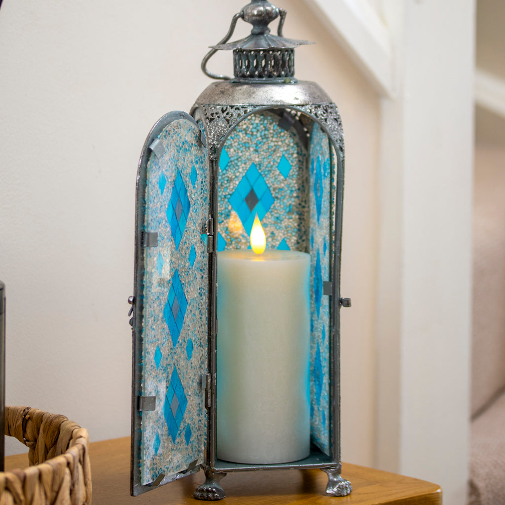 Silver Moroccan Diamond Mosaic Candle Lantern