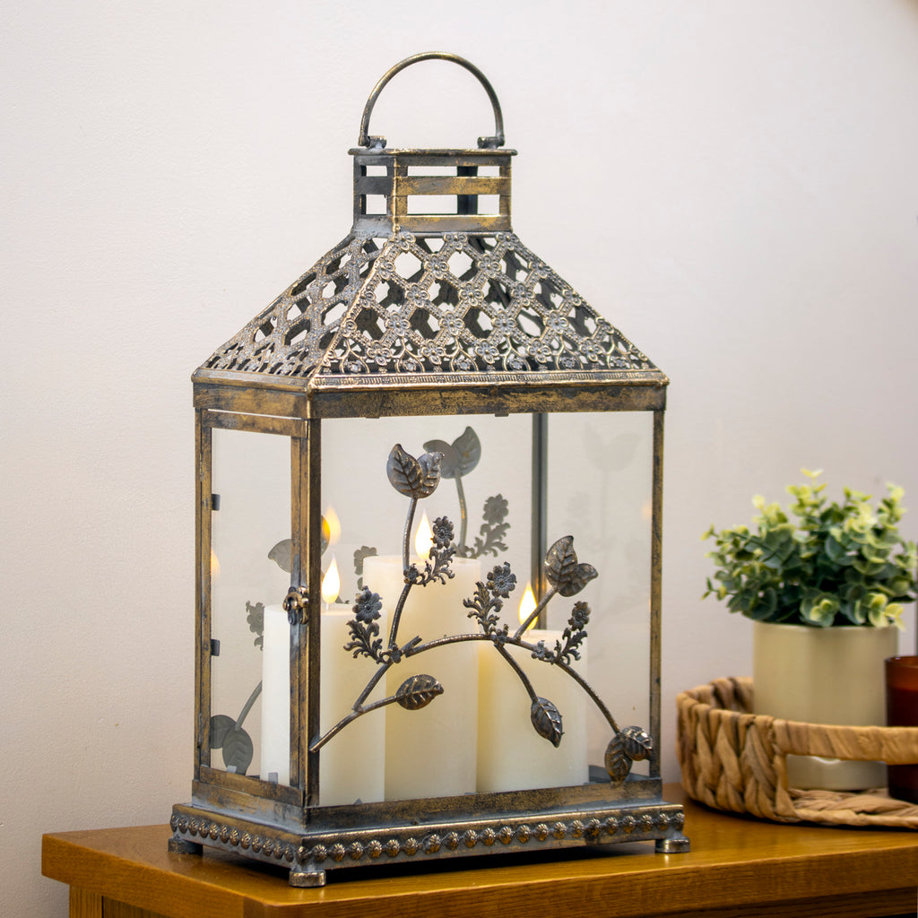 Vintage Gold Floral Glass Candle Lantern