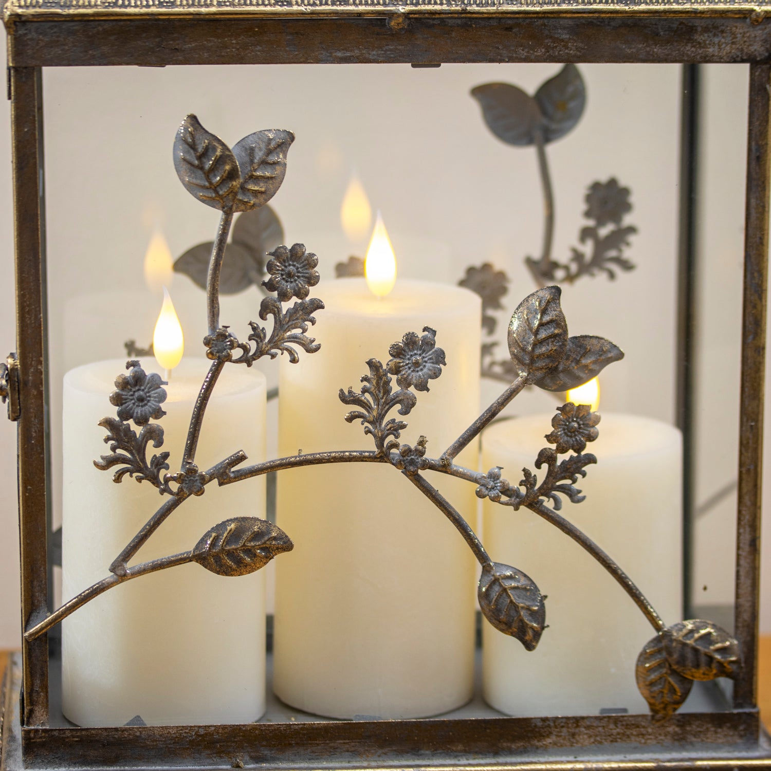 Vintage Gold Floral Glass Candle Lantern
