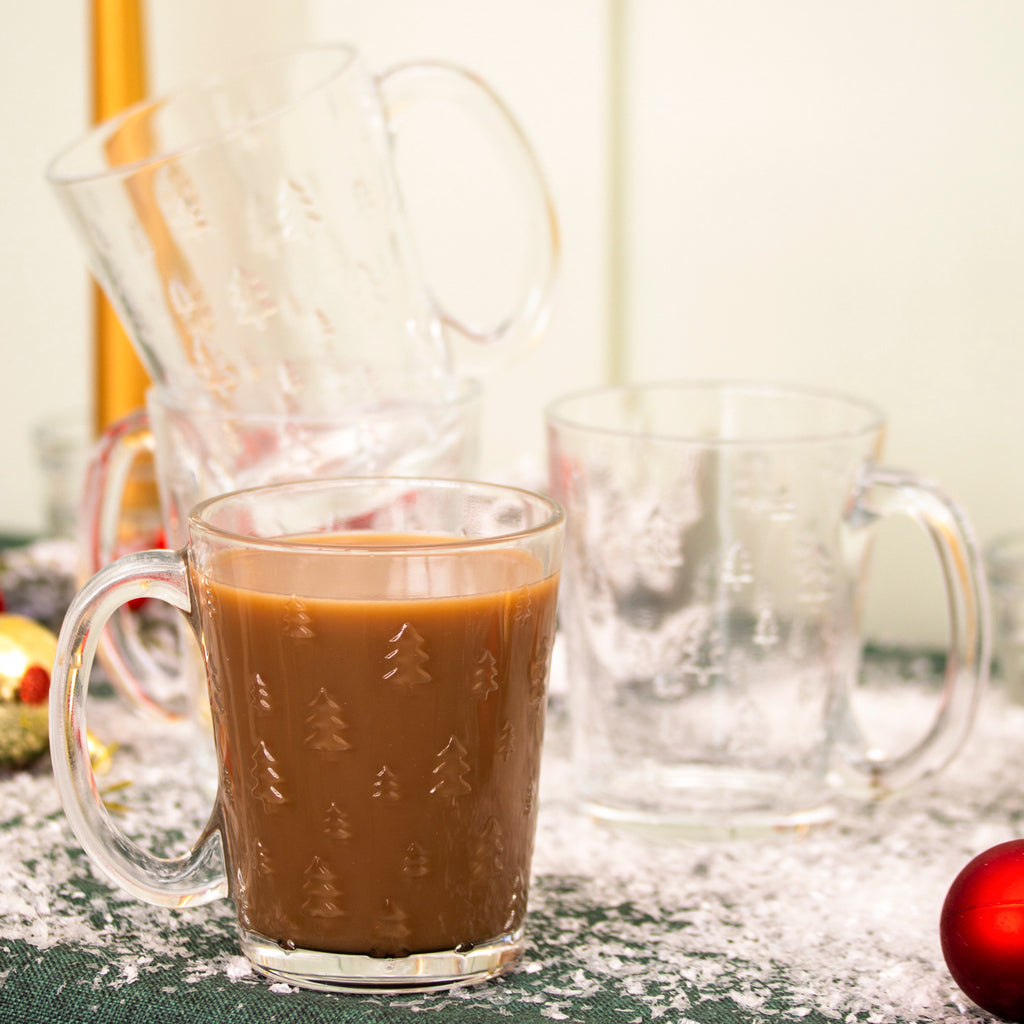 Set Of 4 Embossed Christmas Tree Glass Mugs