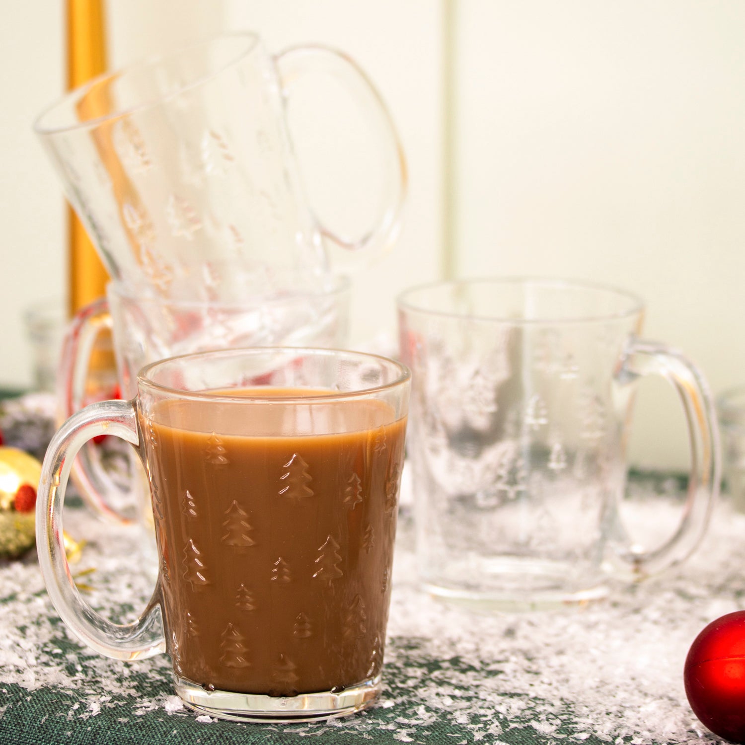 Set Of 4 Embossed Christmas Tree Glass Mugs
