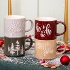 Set Of 4 Reactive Glaze Christmas Stacking Mugs