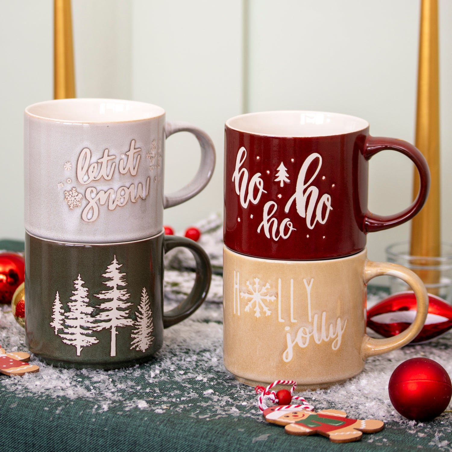 Set Of 4 Reactive Glaze Christmas Stacking Mugs