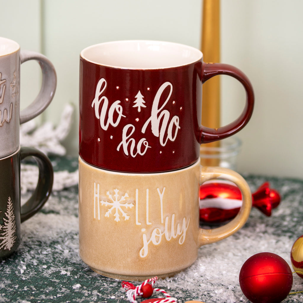 Set Of 4 Reactive Glaze Christmas Stacking Mugs