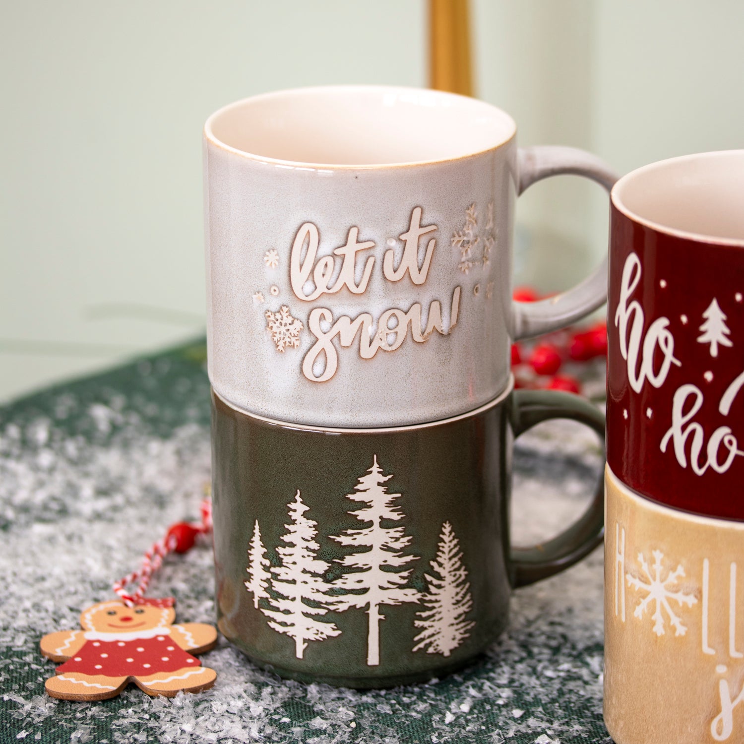 Set Of 4 Reactive Glaze Christmas Stacking Mugs