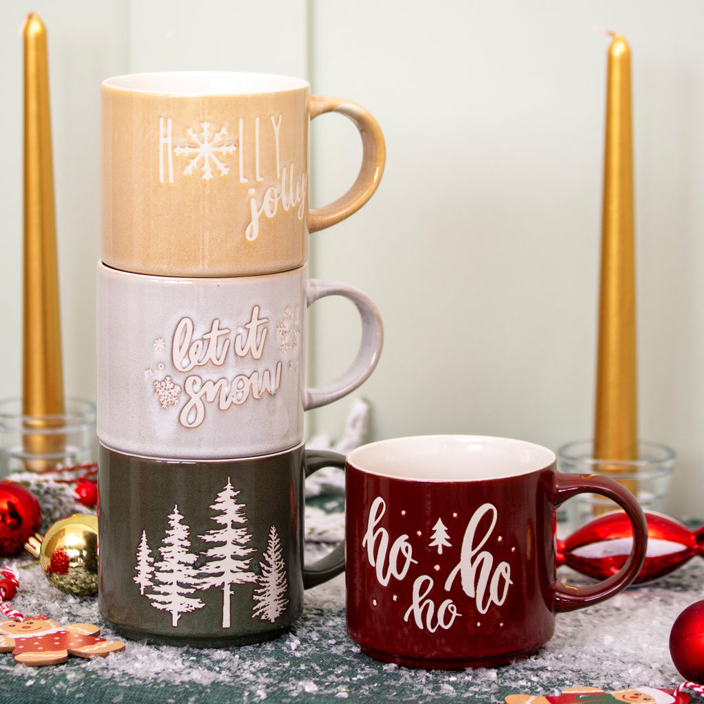 Set Of 4 Reactive Glaze Christmas Stacking Mugs