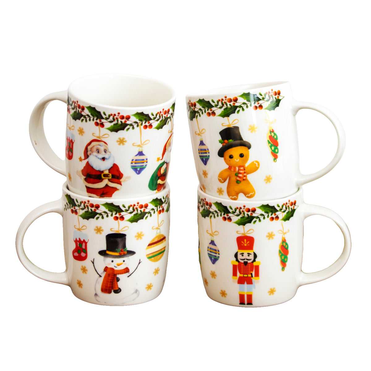 Set Of 4 Santa & Friends Christmas Ceramic Mugs