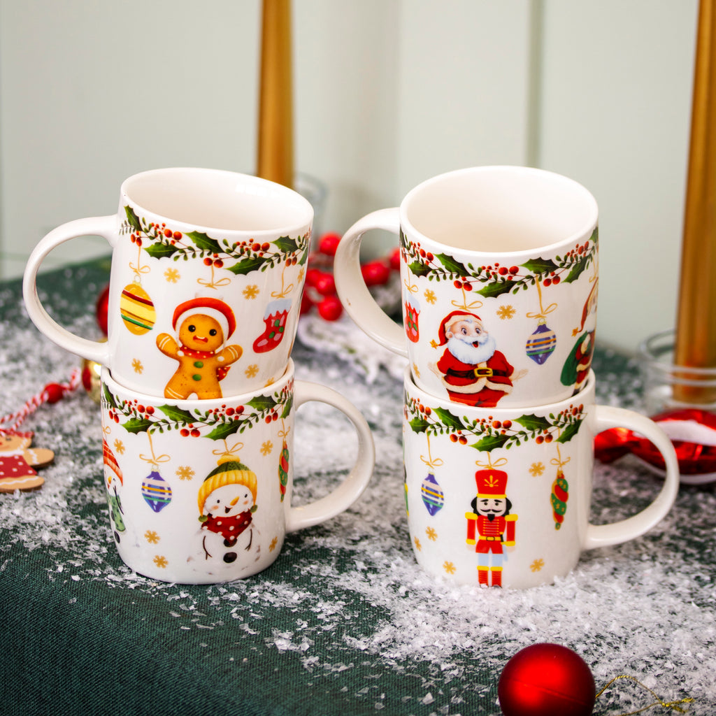 Set Of 4 Santa & Friends Christmas Ceramic Mugs