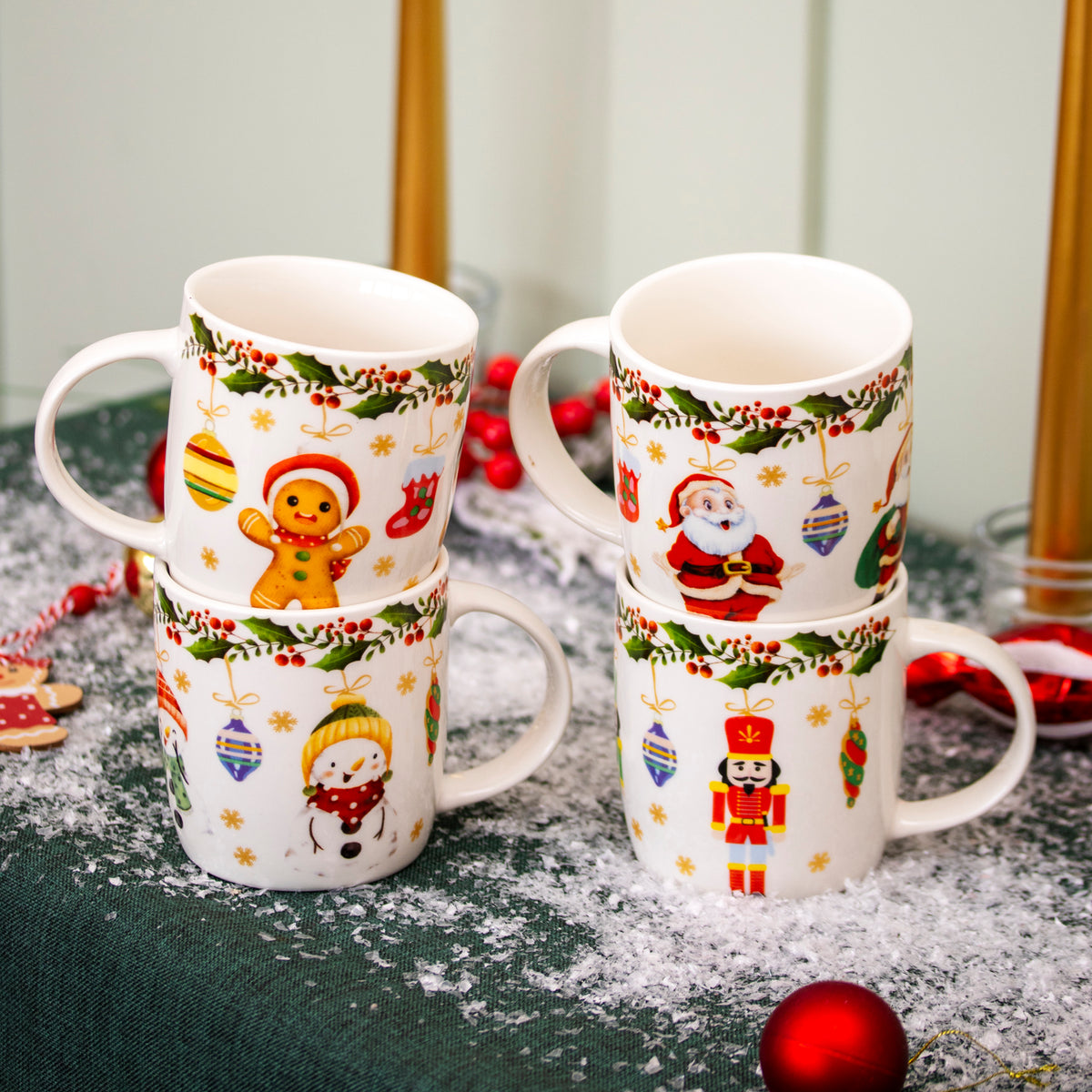 Set Of 4 Santa & Friends Christmas Ceramic Mugs