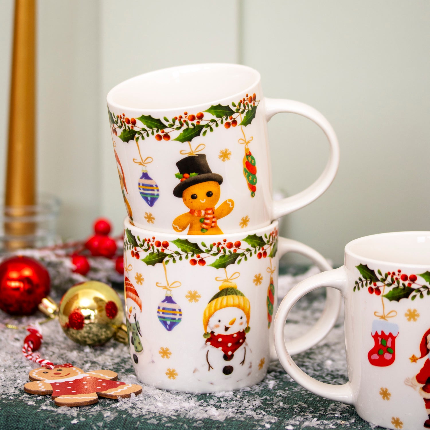 Set Of 4 Santa & Friends Christmas Ceramic Mugs