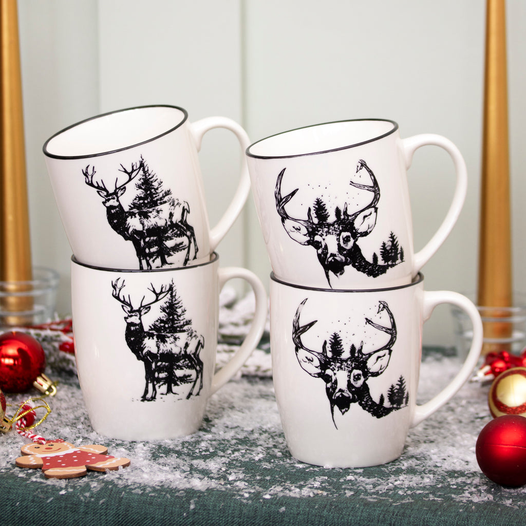 Set Of 4 Black Christmas Reindeer Mugs