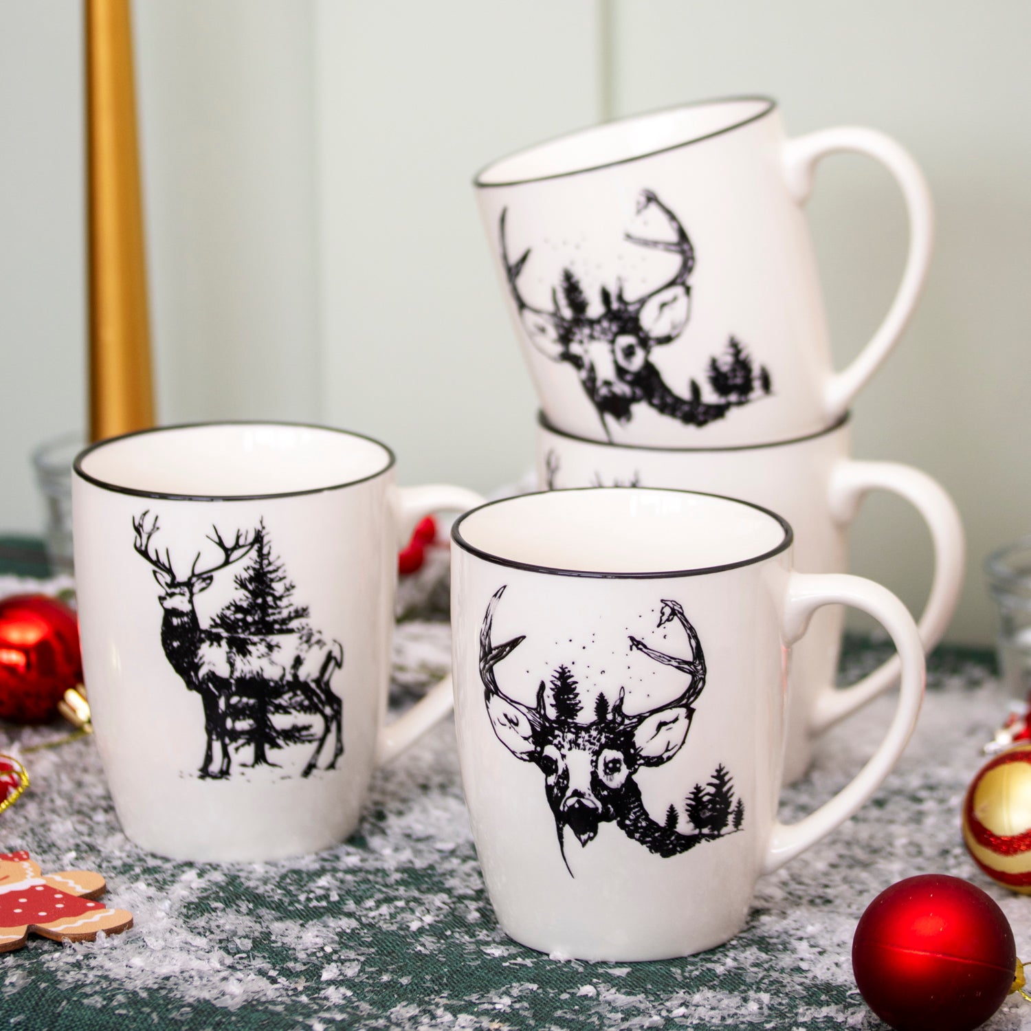 Set Of 4 Black Christmas Reindeer Mugs