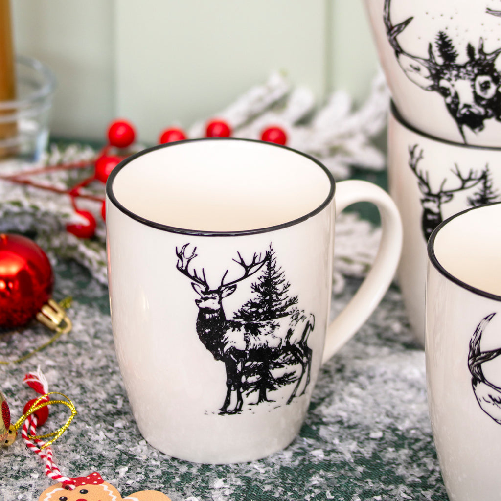 Set Of 4 Black Christmas Reindeer Mugs