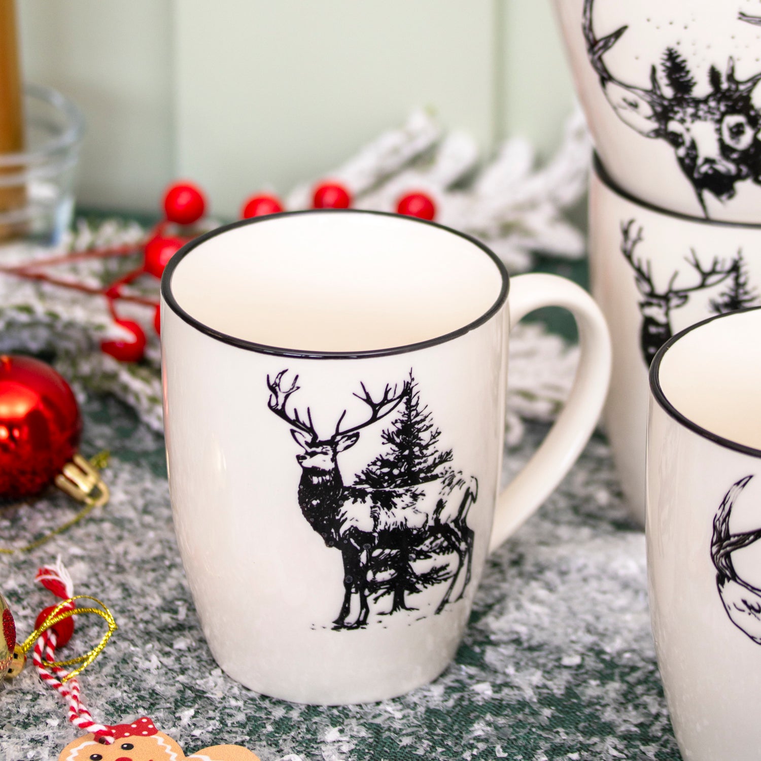 Set Of 4 Black Christmas Reindeer Mugs