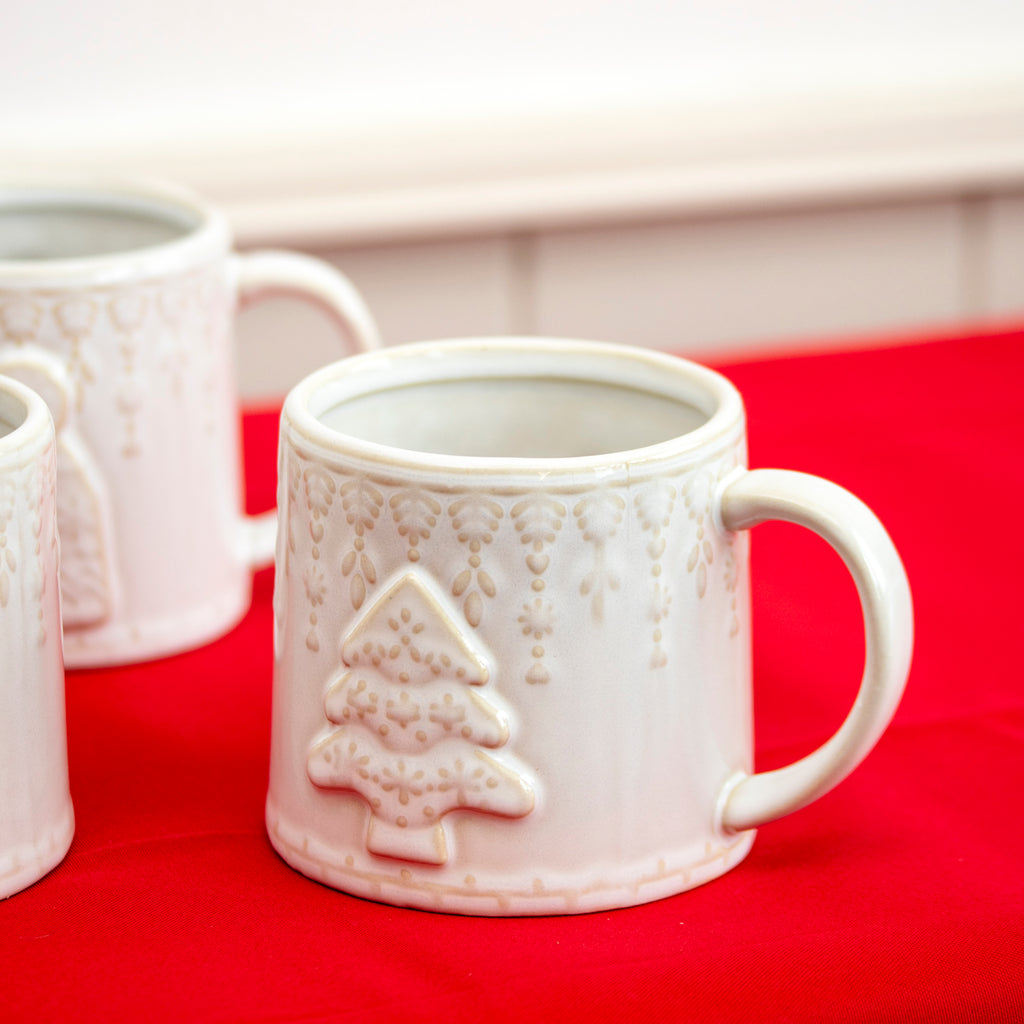 Set Of 3 Reactive Glaze Embossed Christmas Mugs
