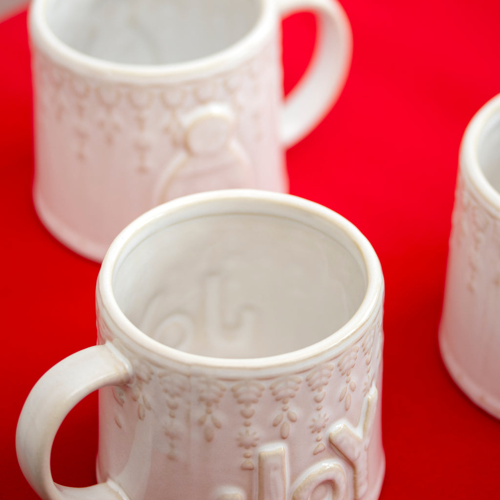 Set Of 3 Reactive Glaze Embossed Christmas Mugs