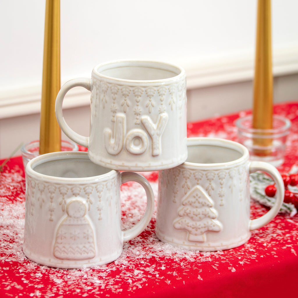 Set Of 3 Reactive Glaze Embossed Christmas Mugs