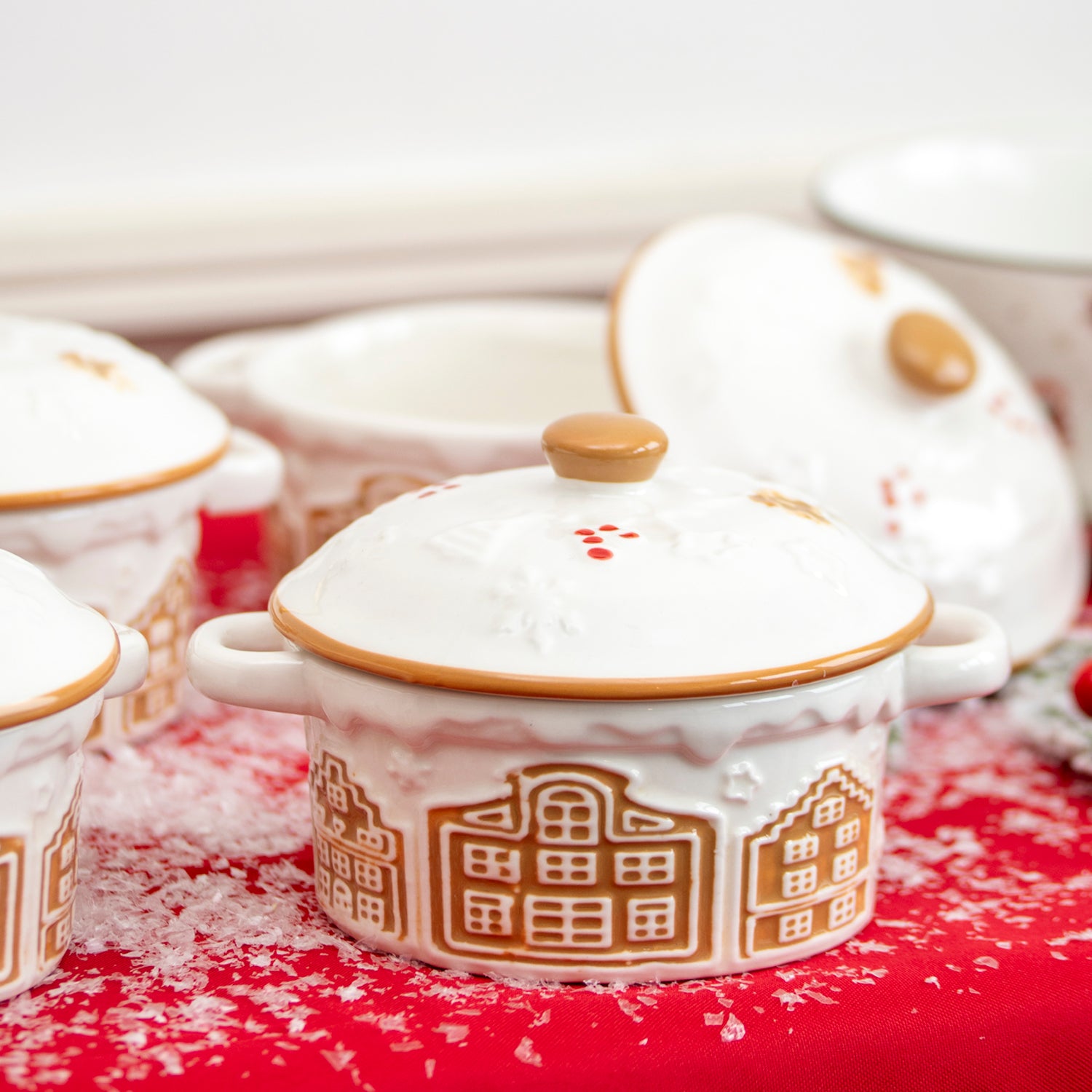 Set Of 4 Embossed Christmas House Mini Casserole Dishes