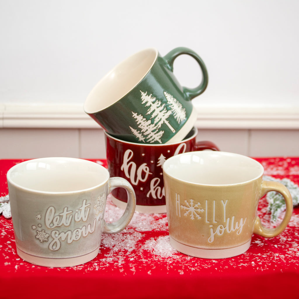 Set Of 4 Large Embossed Christmas Reactive Glaze Mugs