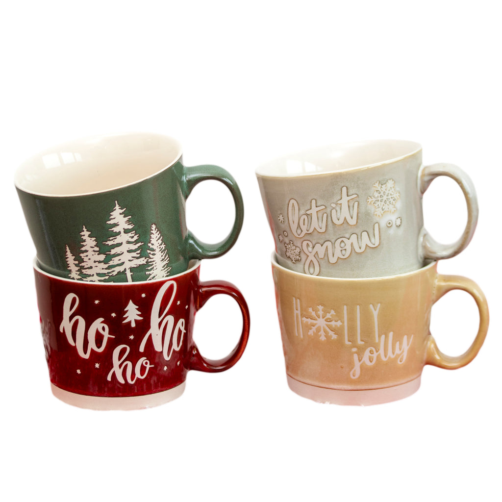 Set Of 4 Large Embossed Christmas Reactive Glaze Mugs