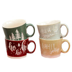 Set Of 4 Large Embossed Christmas Reactive Glaze Mugs