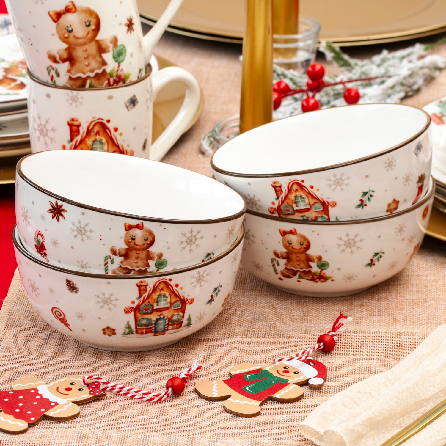 Set Of 4 Gingerbread Christmas Cereal Bowls