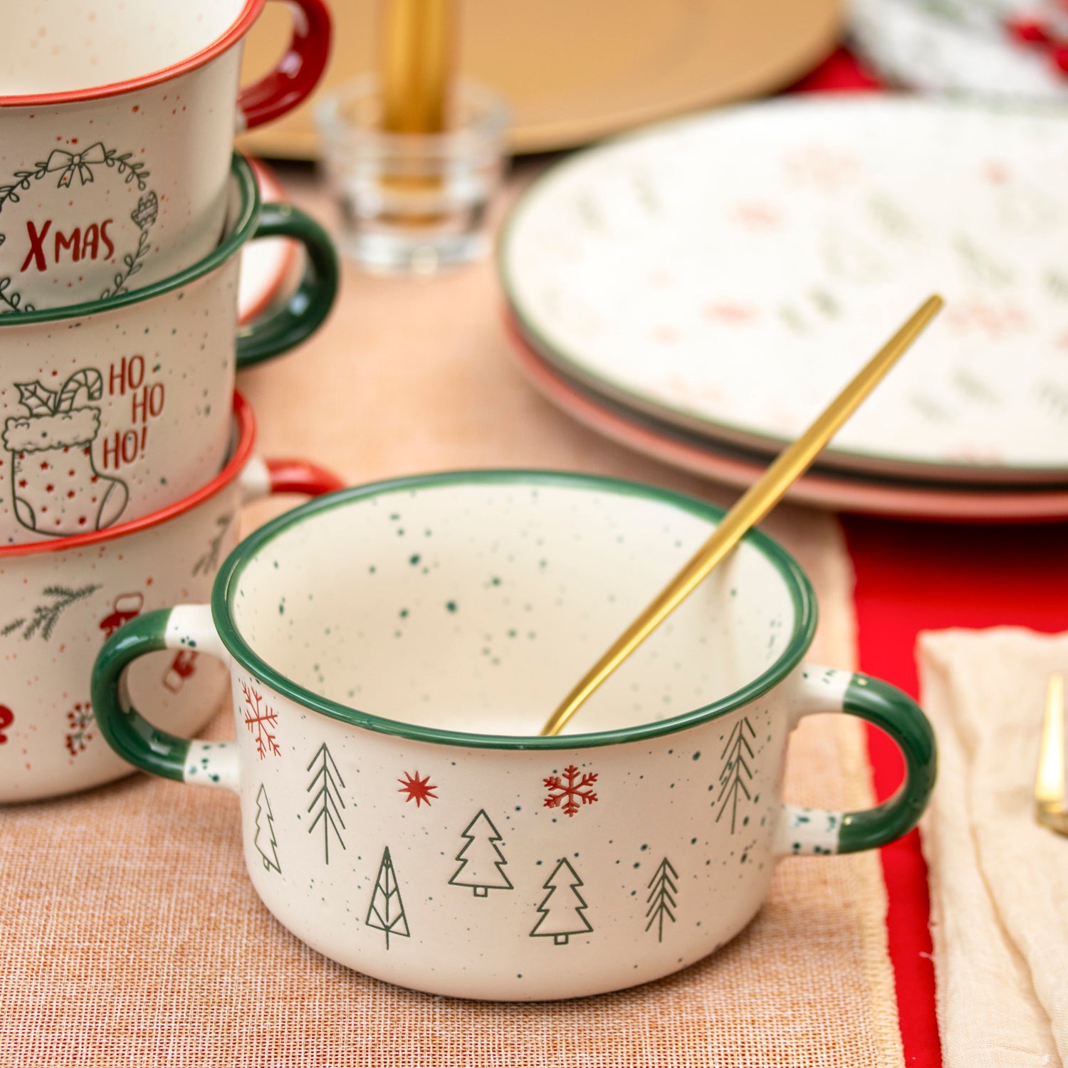 Set Of 4 Speckle Christmas Soup Bowls With Handles