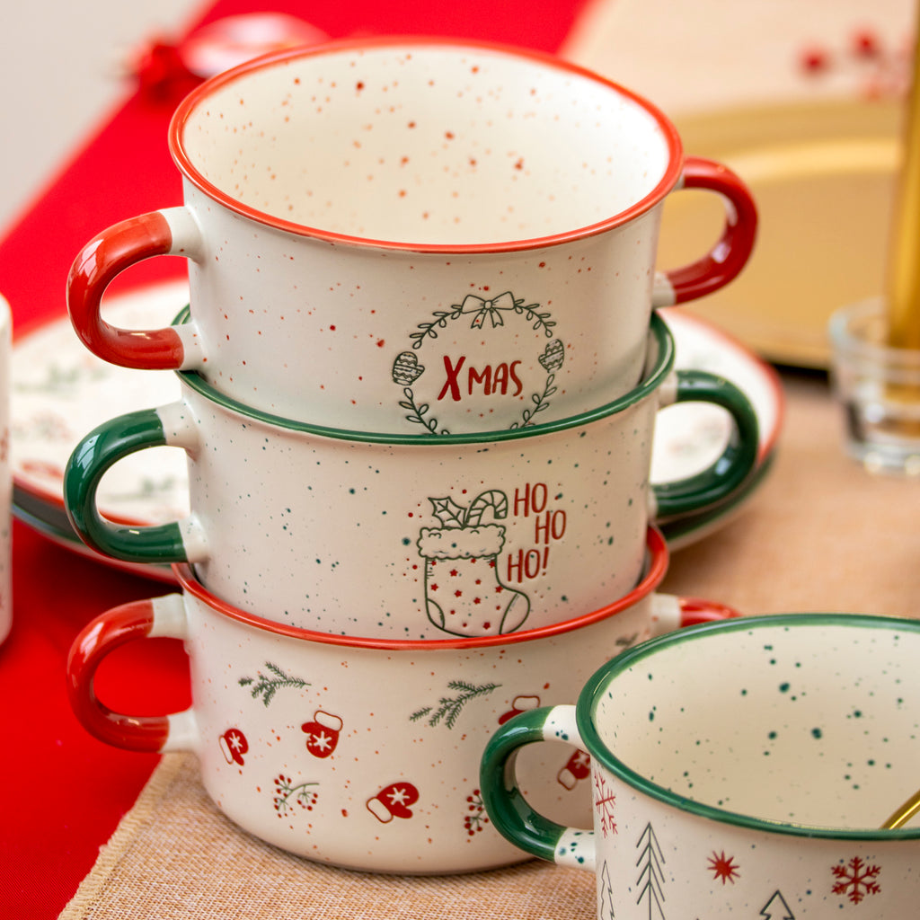 Set Of 4 Speckle Christmas Soup Bowls With Handles