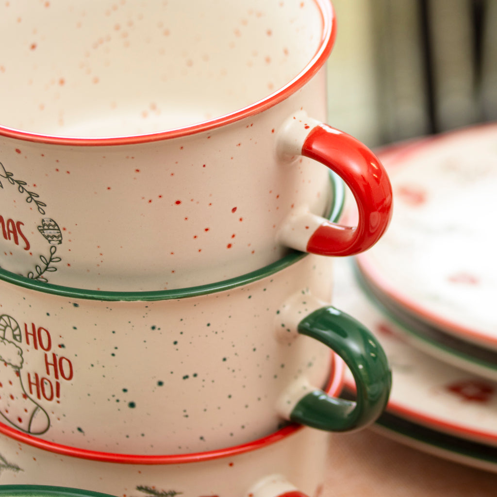 Set Of 4 Speckle Christmas Soup Bowls With Handles