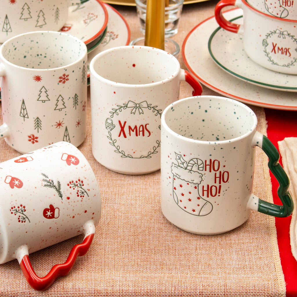 Set Of 4 Speckled Christmas Tree Handle Mugs