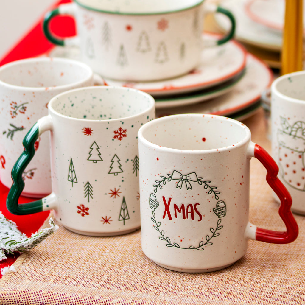 Set Of 4 Speckled Christmas Tree Handle Mugs