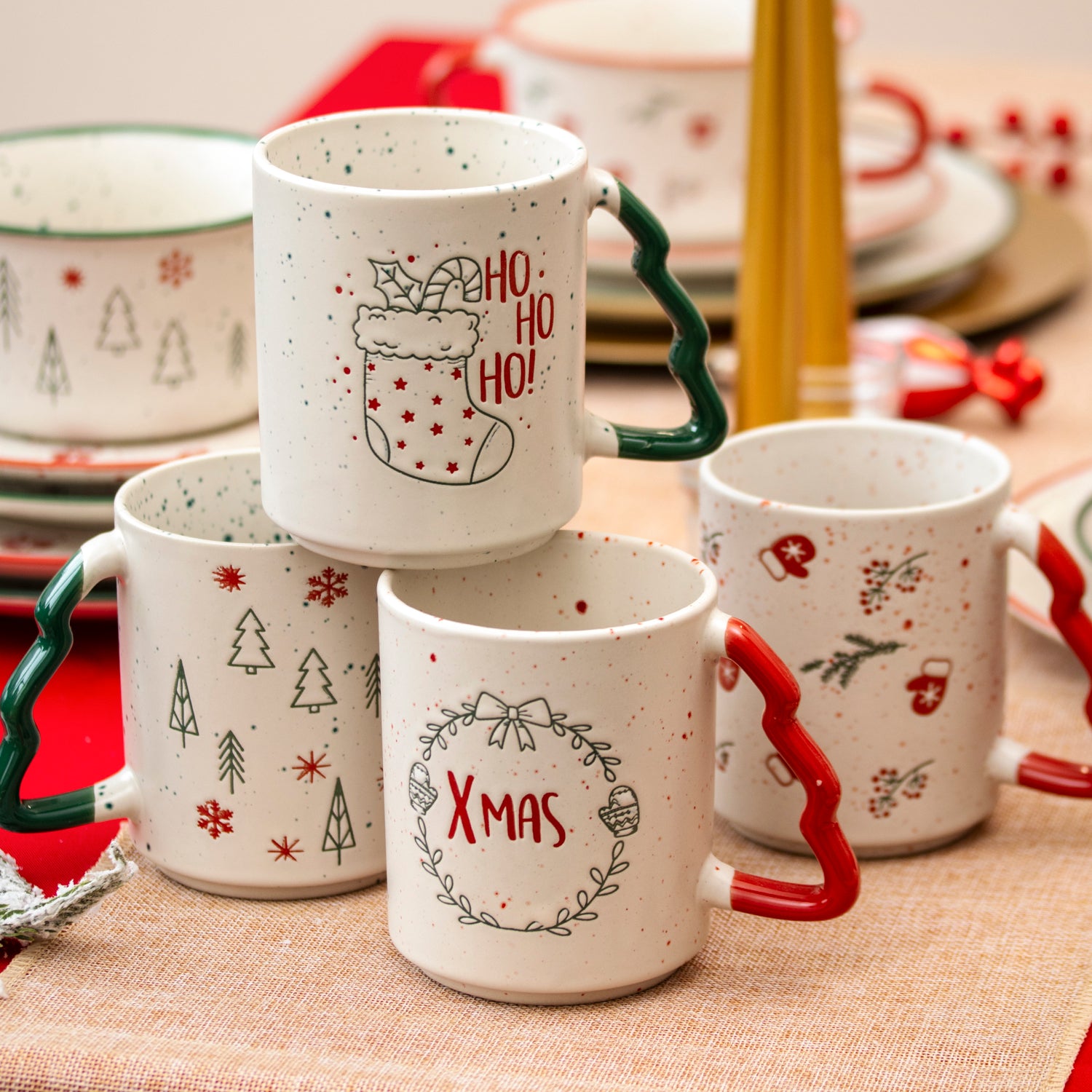 Set Of 4 Speckled Christmas Tree Handle Mugs