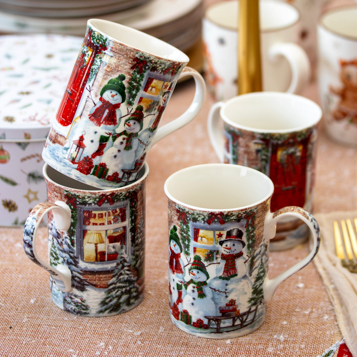 Set Of 4 Snowman Christmas Mugs