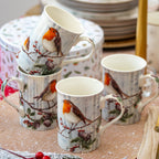 Set Of 4 Christmas Robin Fine China Mugs