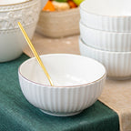 Set Of 4 White & Gold Ribbed Cereal Bowls