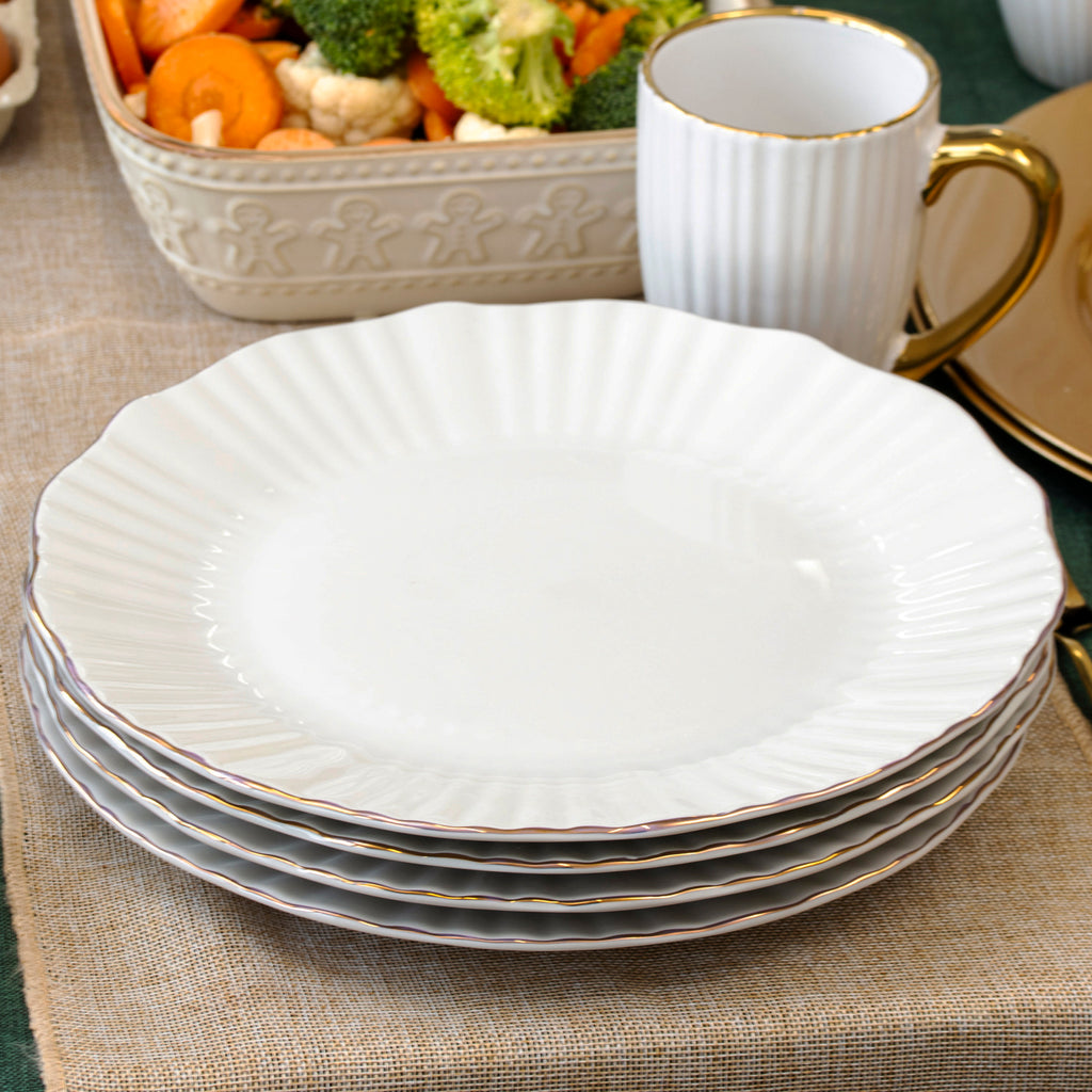 Set Of 4 White & Gold Scalloped Dinner Plates