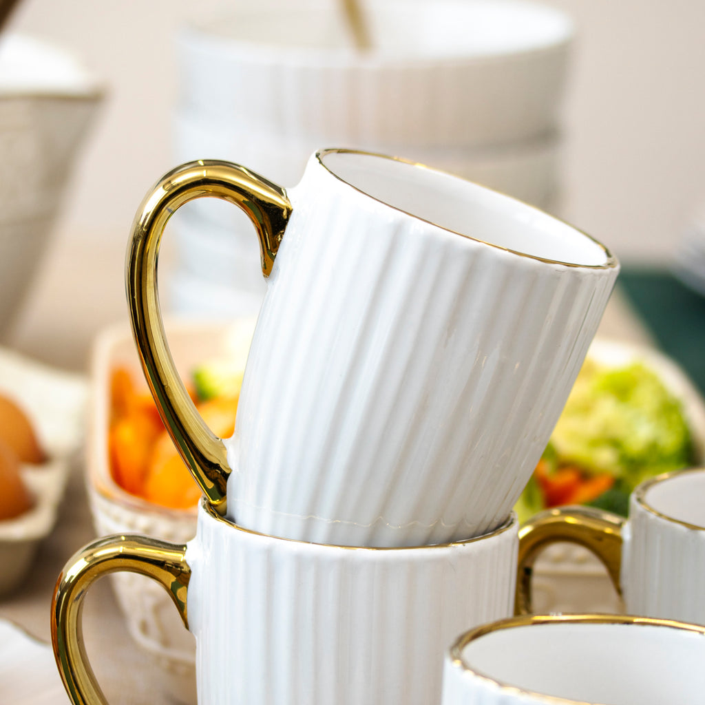 Set Of 4 White & Gold Ribbed Mugs