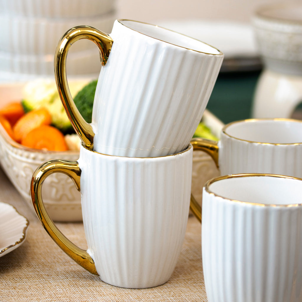 Set Of 4 White & Gold Ribbed Mugs