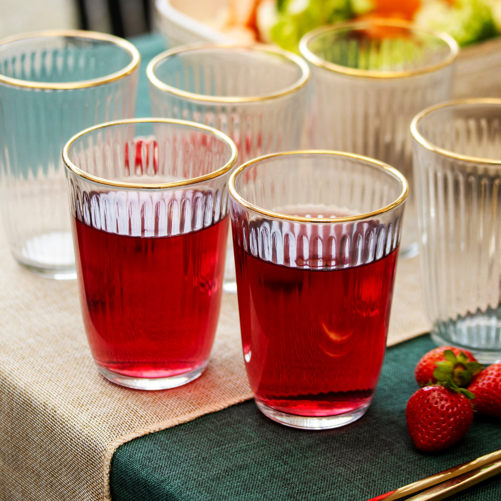 Set Of 6 Gold Rim Fluted Glass Tumblers